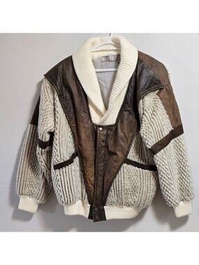 Vintage street scenes chunky knit faux leather oversized jacket size small
